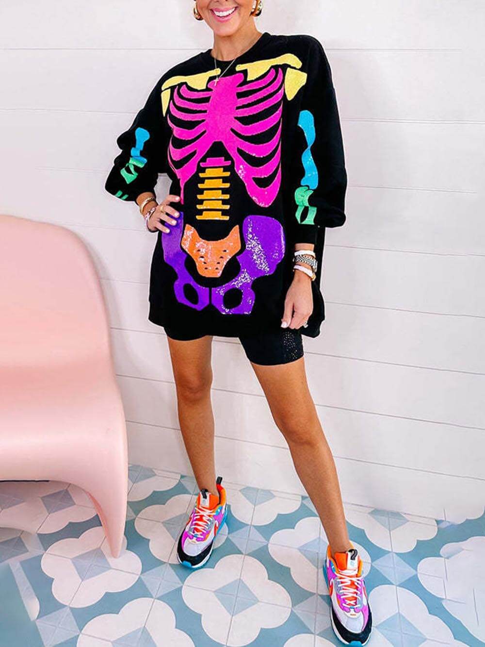 Rainbow Halloween Skull Print Sweater Dress