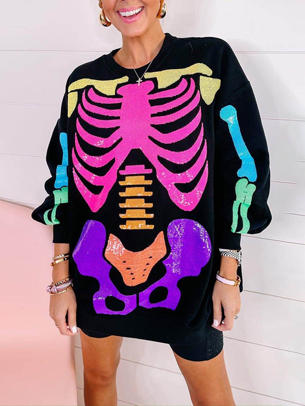 Rainbow Halloween Skull Print Sweater Dress