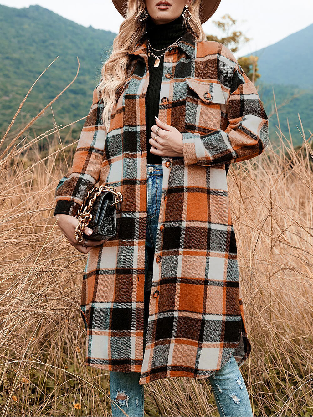 Lapel Collar Loose Woolen Plaid Coat