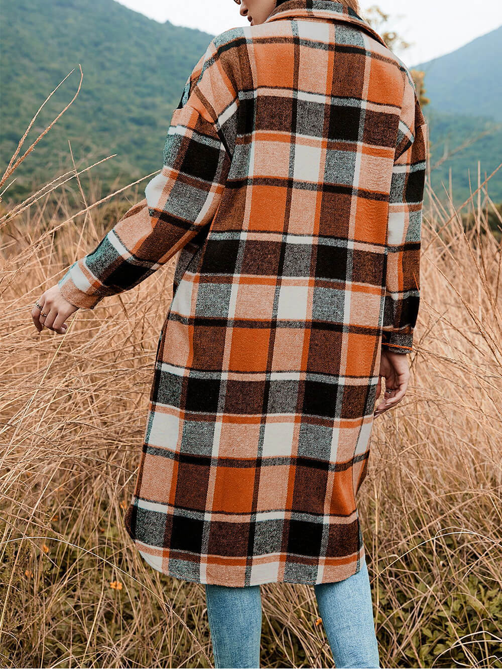 Lapel Collar Loose Woolen Plaid Coat