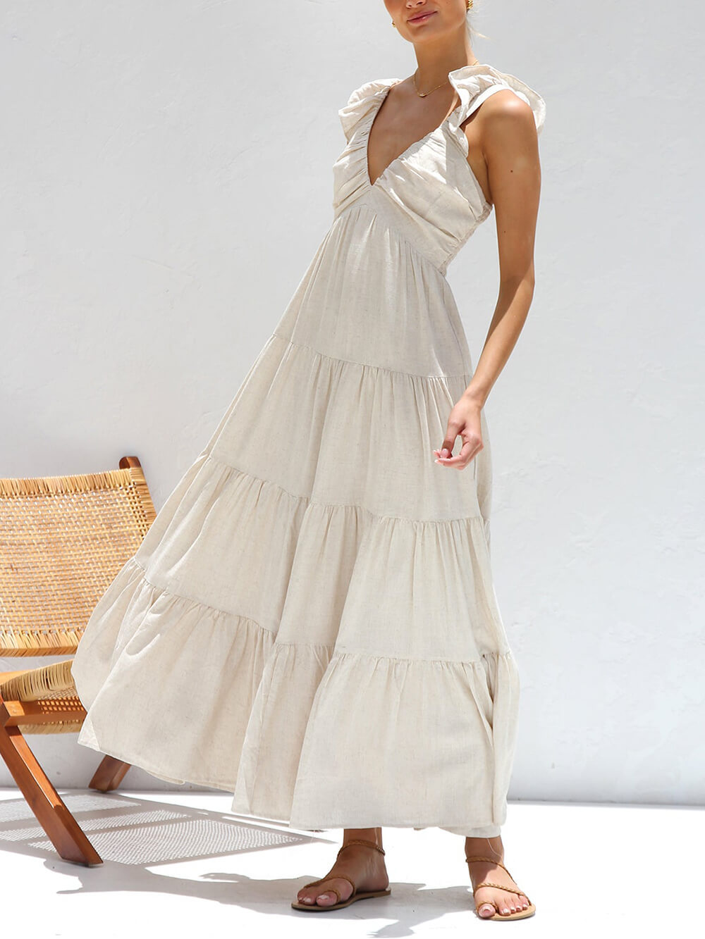 Ruffled Flying Sleeves Smocked Back Tiered Vacation Maxi Dress