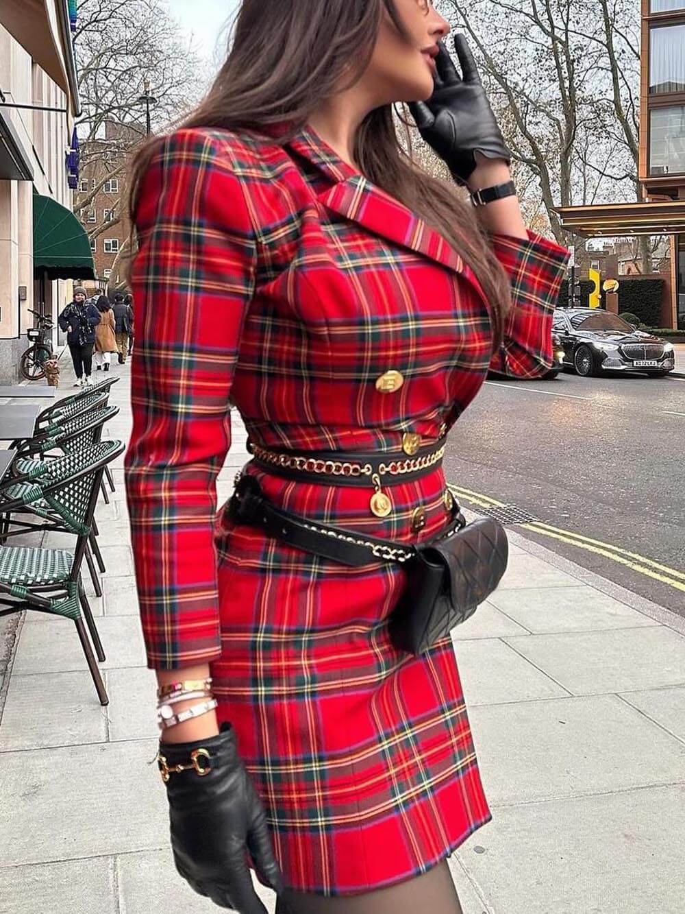 Elegant Christmas Plaid Print Contrasting Metal Button Lapel Blazer Mini Dress Likemychoice