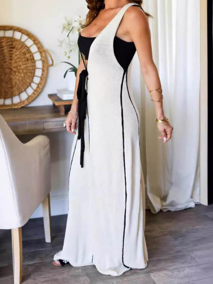 Contrast Color Self-Tie Flowy Oversized Maxi Dress