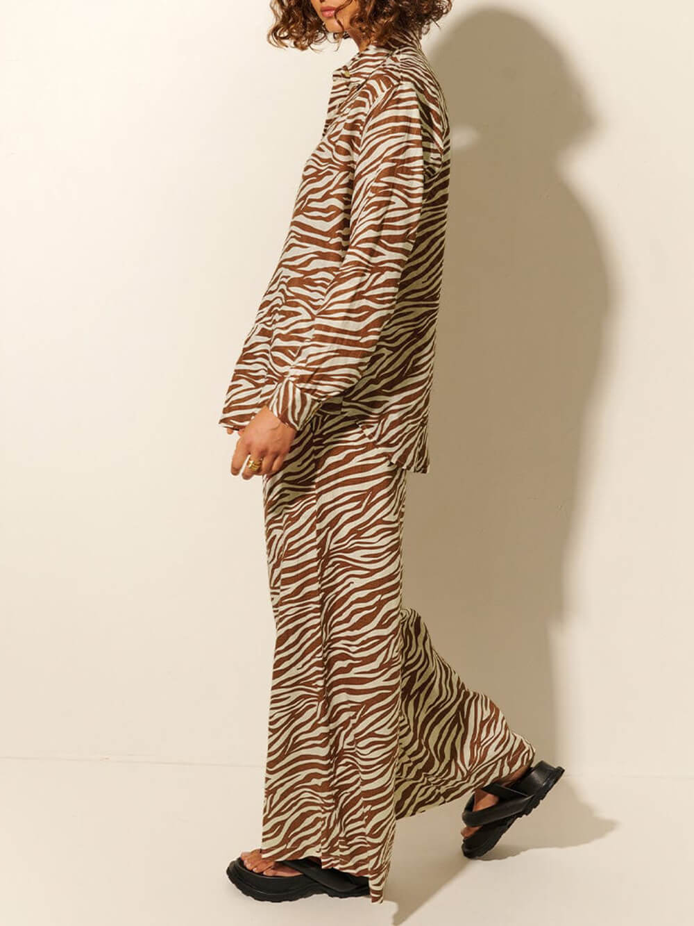 Button Open Collar Loose Zebra Print Drawstring Wide Leg Pants