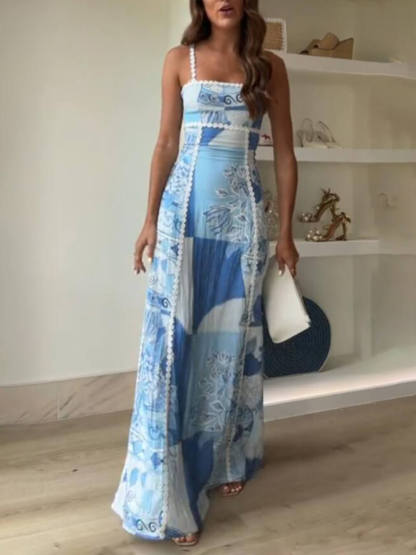 Unique Lace Patchwork Printed Back Tie Halter Flare Maxi Dresses