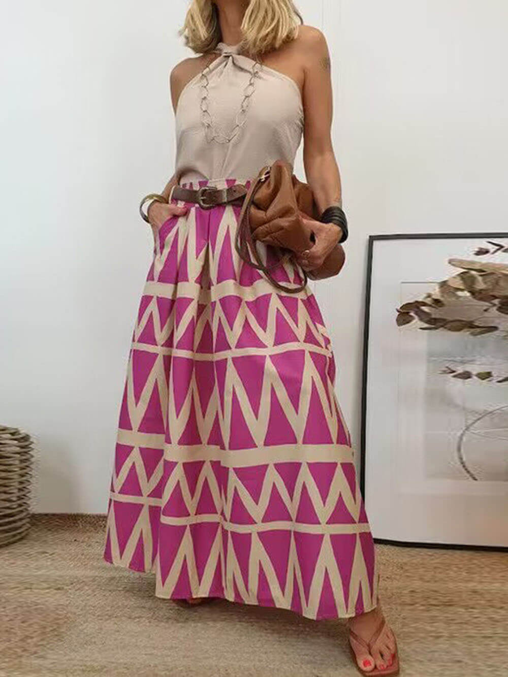 Triangle Printed Back Waist Elasticated Pocket Maxi Skirt