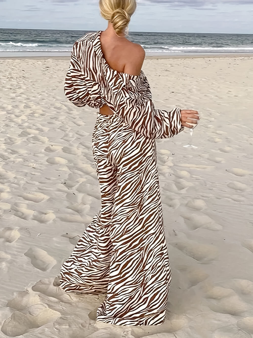 Button Open Collar Loose Zebra Print Drawstring Wide Leg Pants