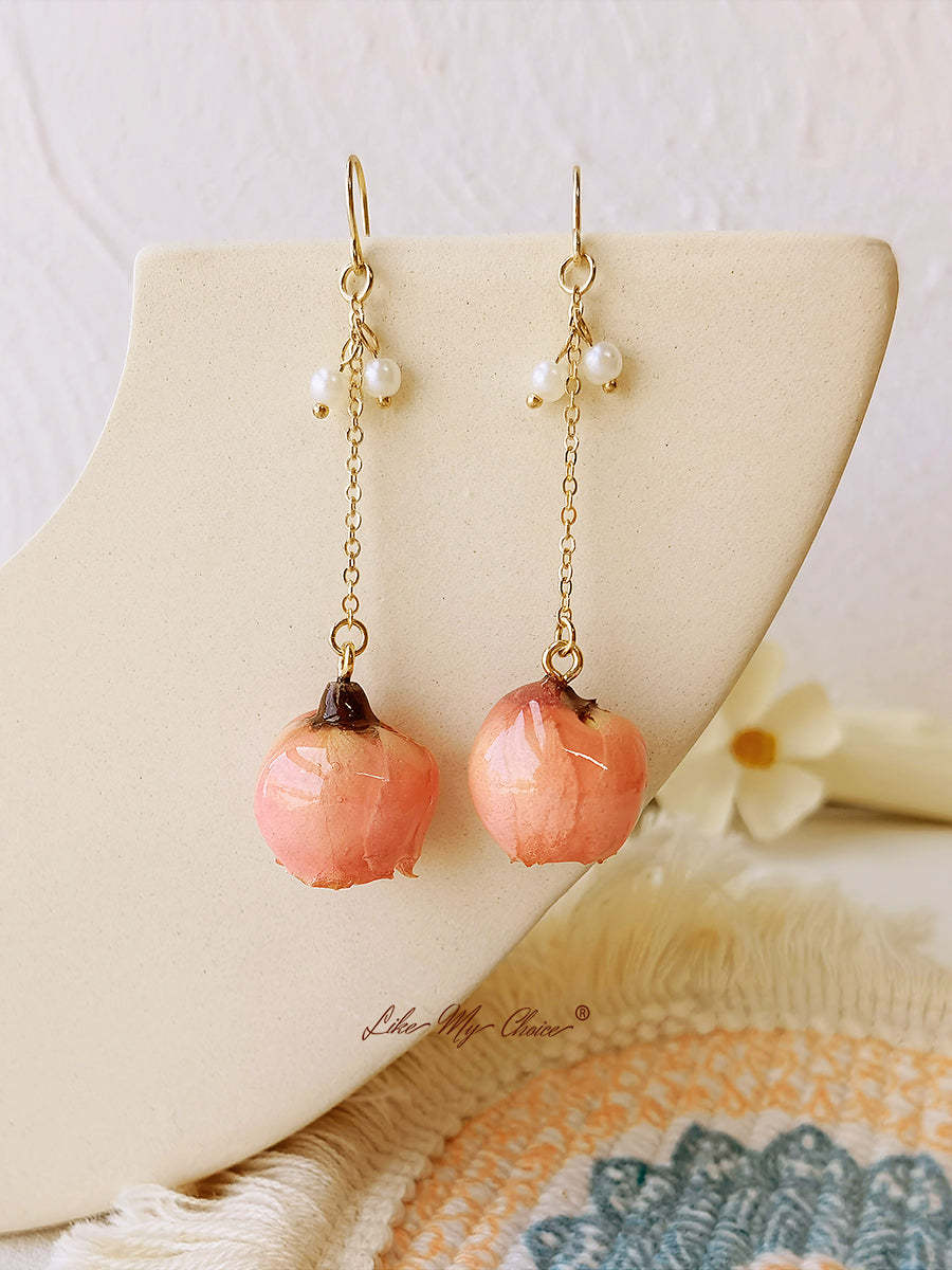 Pressed Flower Earrings - Pearl Rose Bud