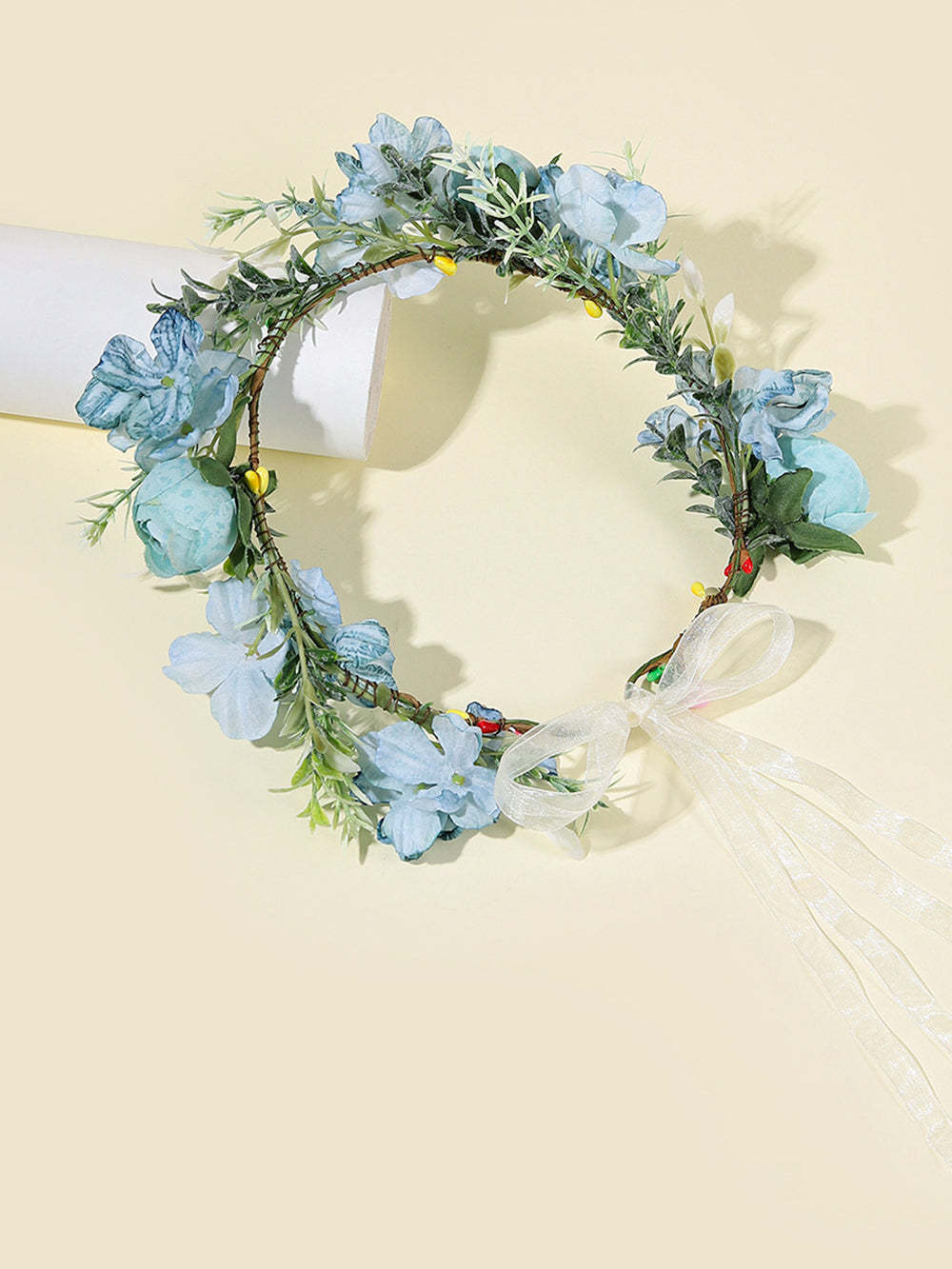 Boho Flower Crown Headpiece Hair Wreath with Ribbon Festival Blue