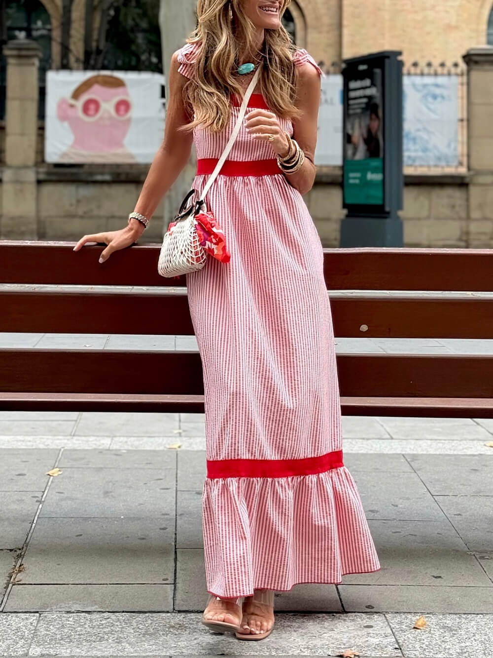 Charm Striped Colorblock Strap Shoulder Maxi Dress