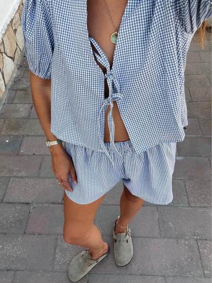 Plaid Front Lace-up Puff Sleeve Top and Elastic Waist Shorts Set