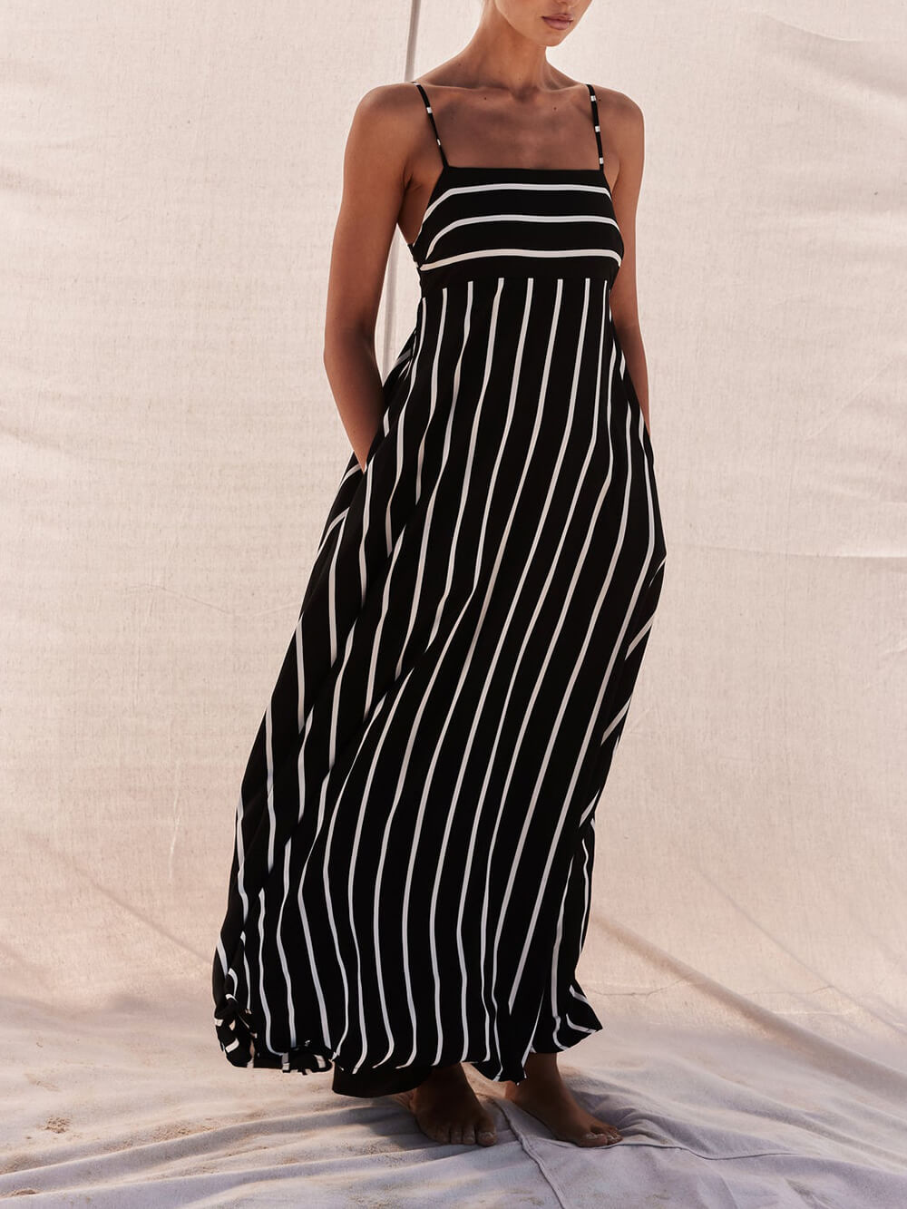 Classic Stripe Printed Stitching Loose Maxi Dress