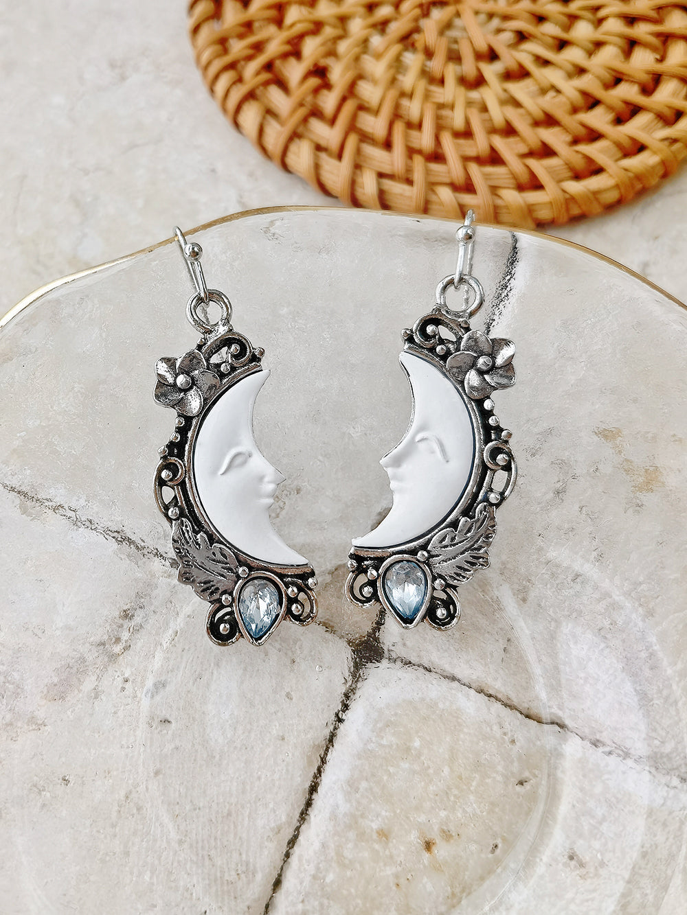 Blue Topaz Pendant Earring with Crescent Moon Motif