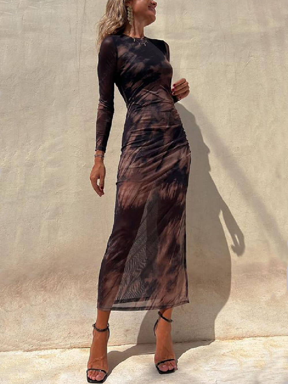 Charm Lady Mesh Overlay Tie Dye Print Long Sleeve Ruched Stretch Midi Dress