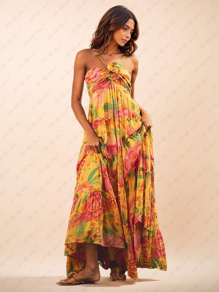 Hanging Neck Printed Floral Design Backless Straight Maxi Dress