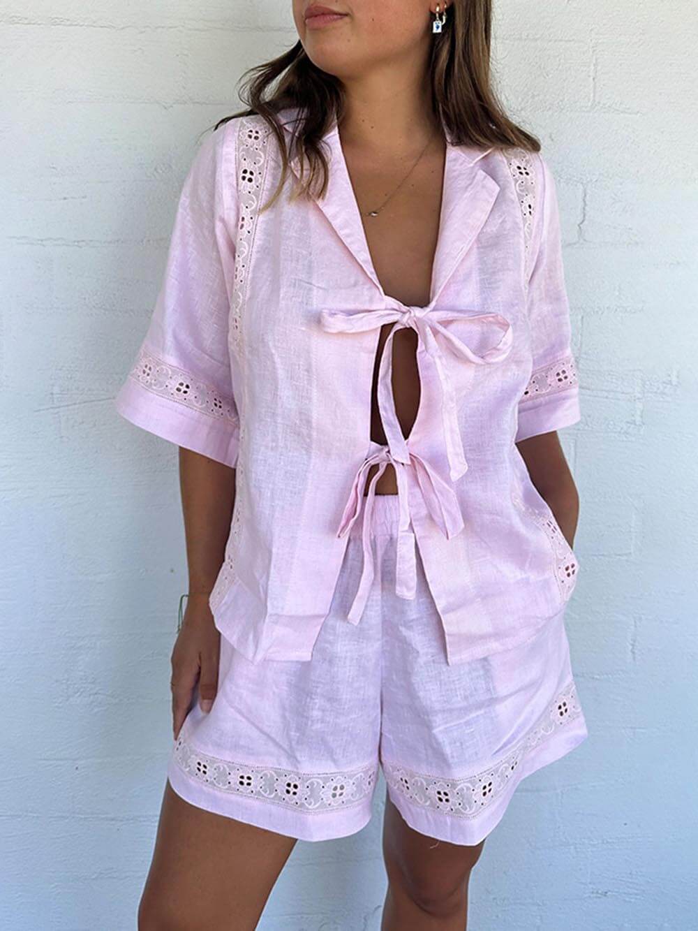 Summer Strappy Hollow Short-Sleeved Shirt And Shorts Two-Piece Set