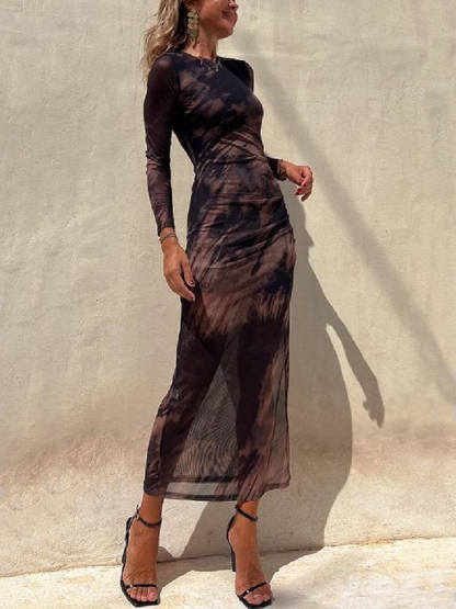 Charm Lady Mesh Overlay Tie Dye Print Long Sleeve Ruched Stretch Midi Dress