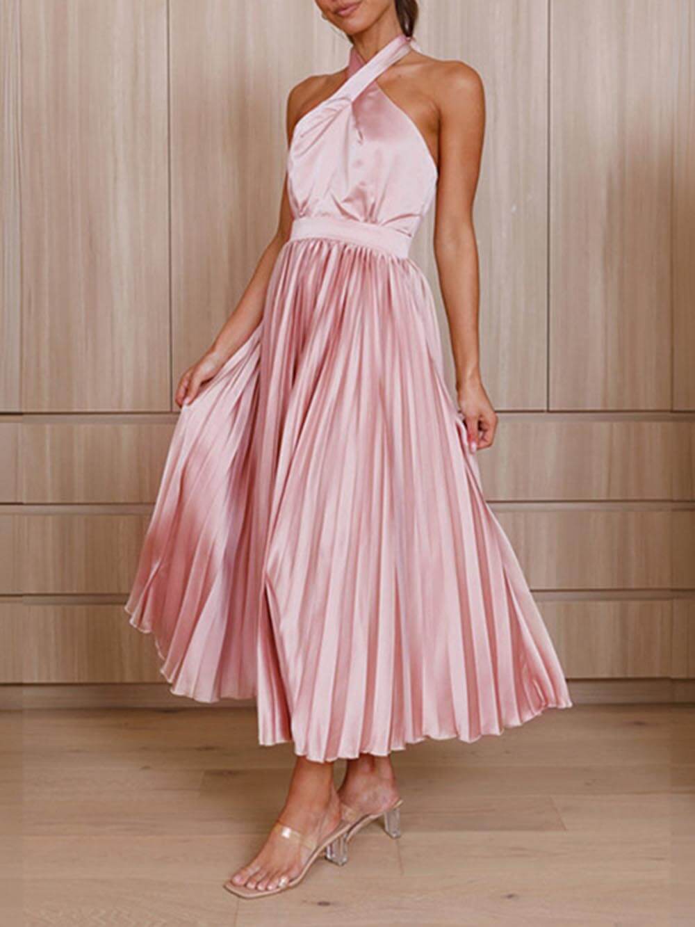 Neckline Pleated Vacation Party Midi Dresses