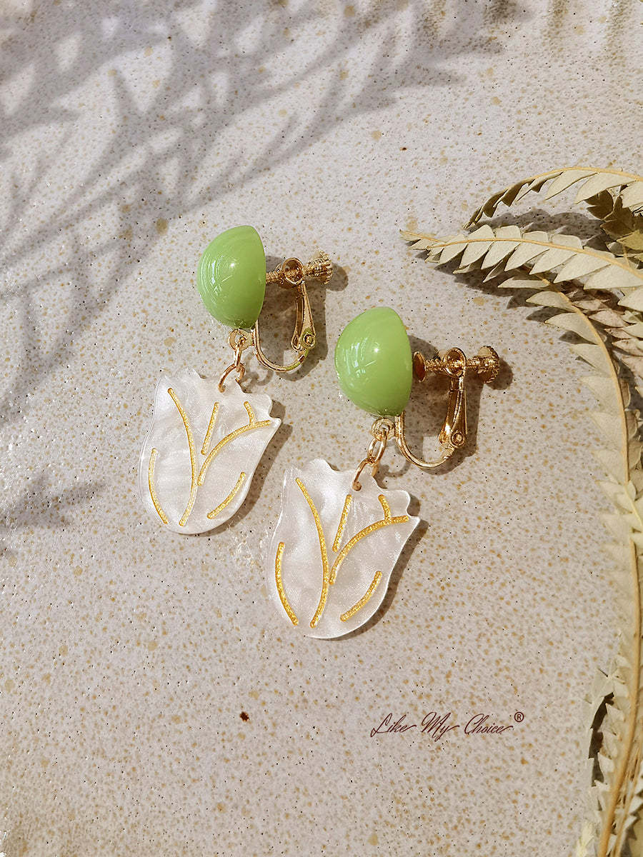 White Tulip Gold Floral Earrings