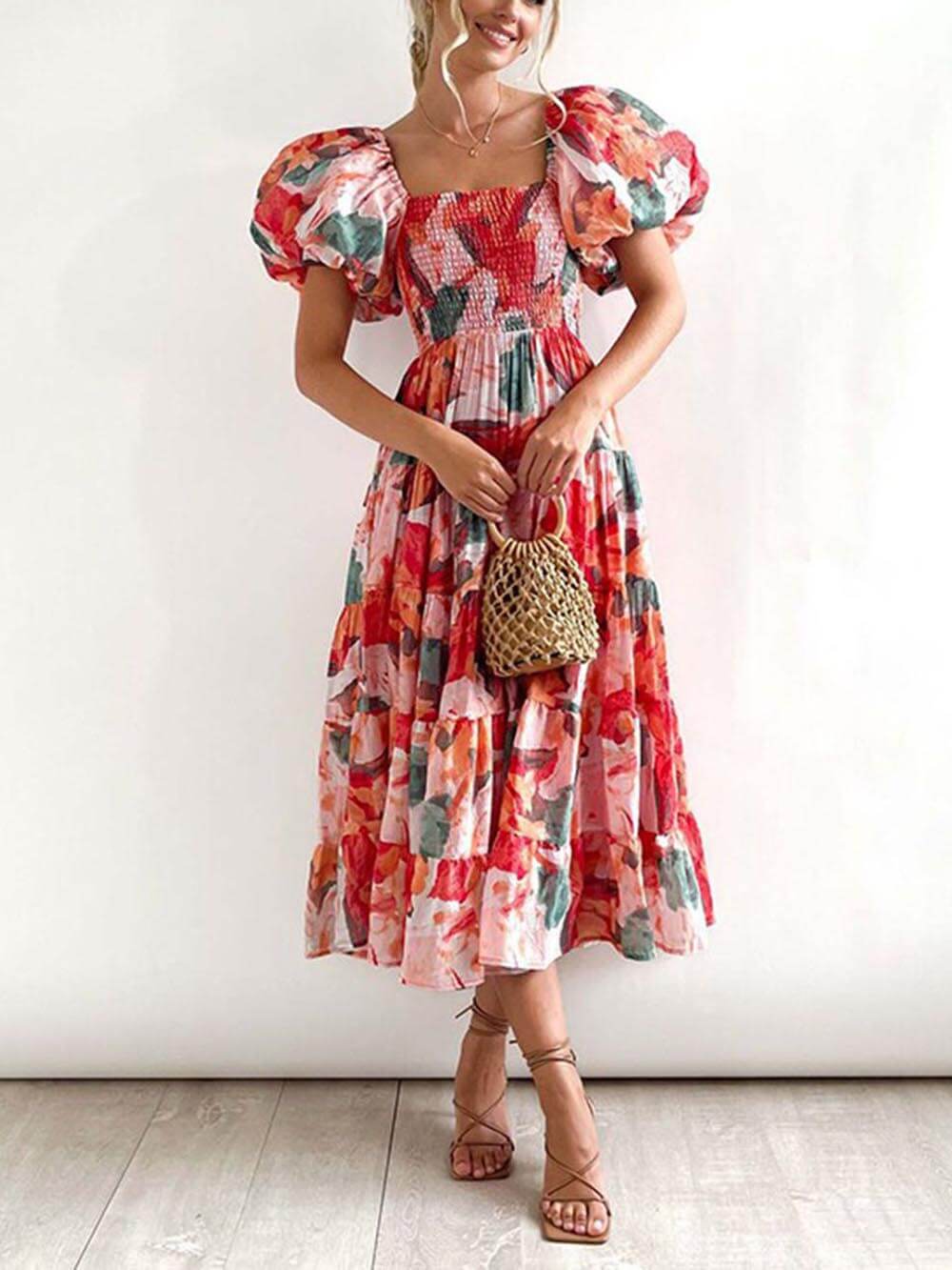 Floral Printed Smocked Tiered Fit Flare Midi Dress