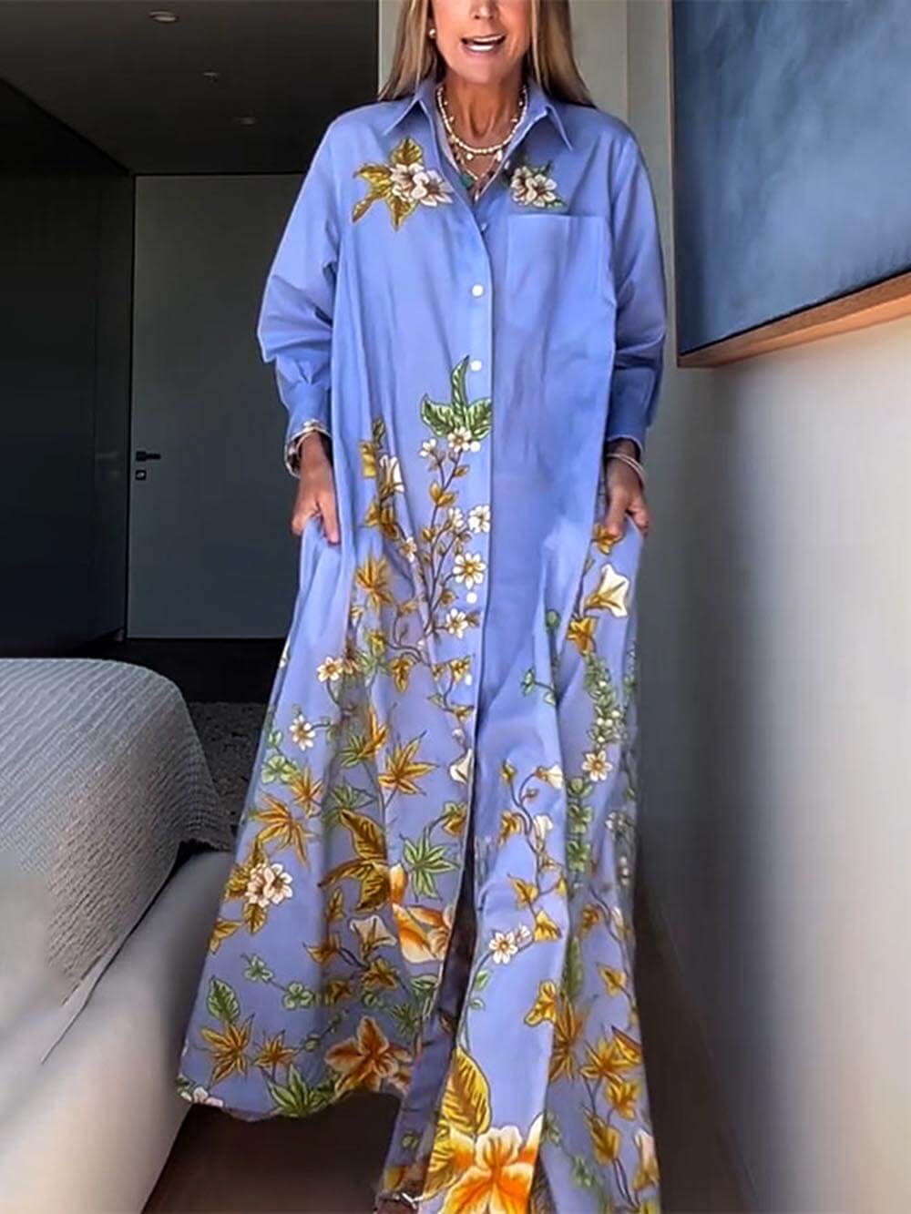  Unique Floral Print Long Sleeve Pocket A-line Shirt Maxi Dress