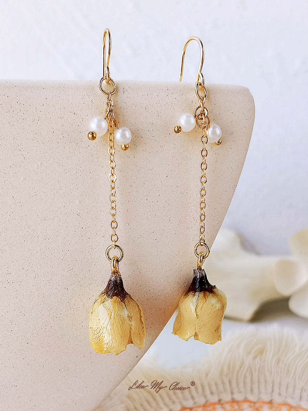 Pressed Flower Earrings - Pearl Rose Bud