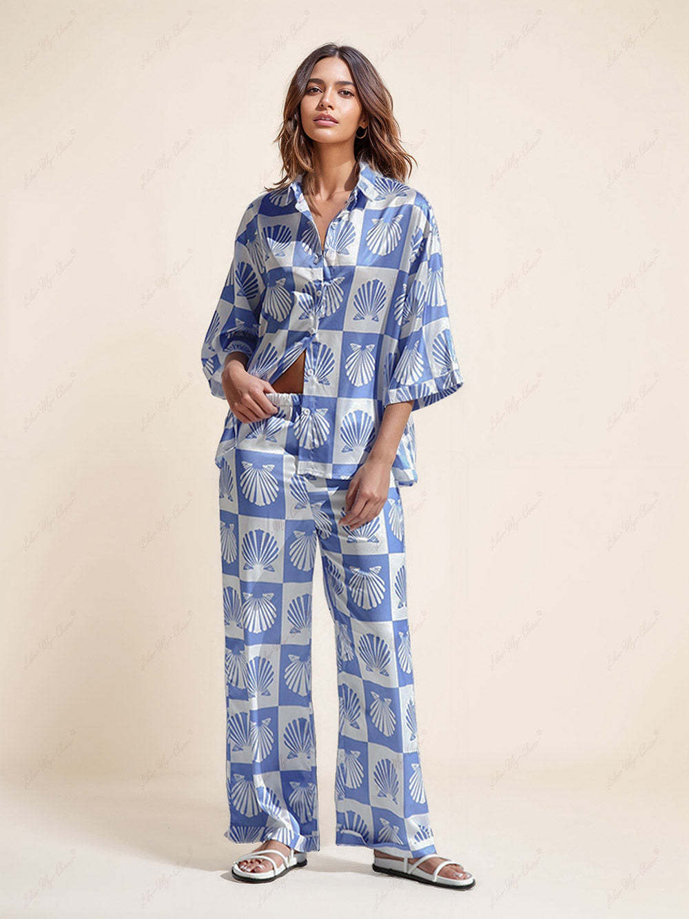 Special Satin Shell Print Wide Leg Pants