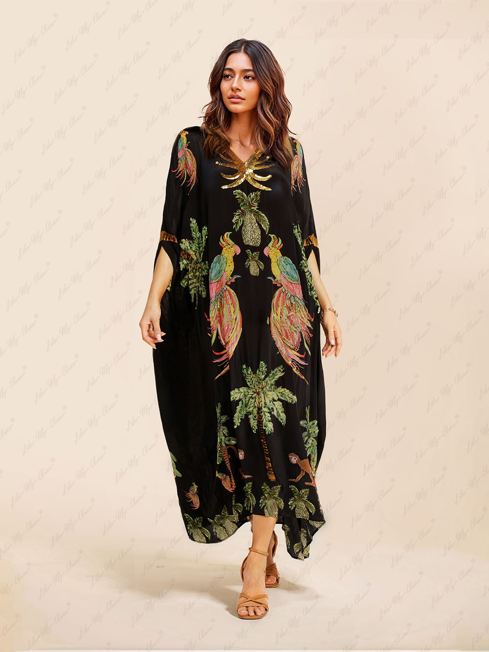 Unique Drop Shoulder Sleeve Coconut Tree Printed Dress