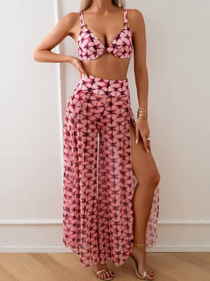 Beach Vacation Printed Bikini Trousers Three-Piece Set