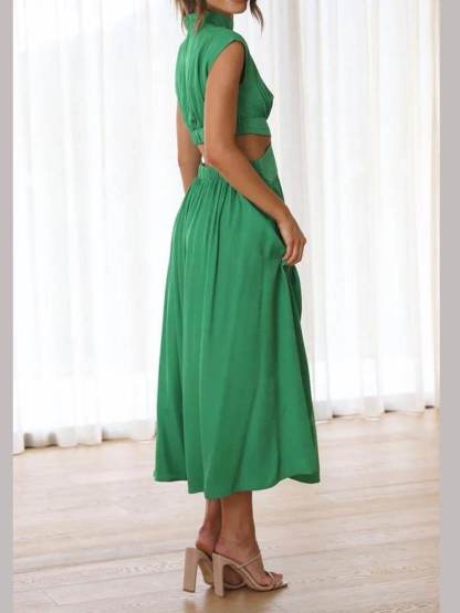 Cutout Waist Pocketed Vacation Midi Dress