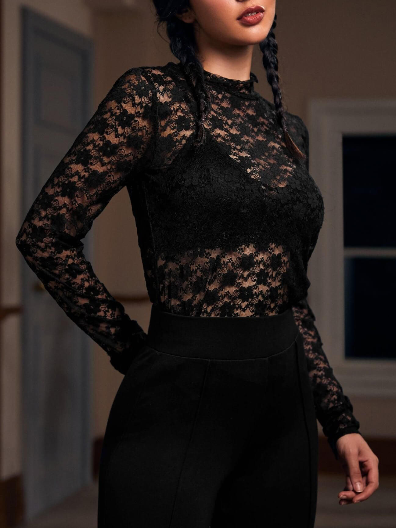 Lace Mesh Transparent Long Sleeve Top