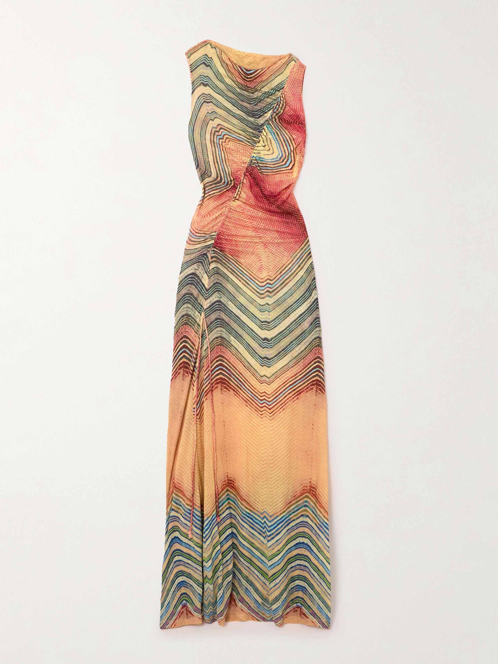 Unique Texture Smudge Print Shirred Midi Dress