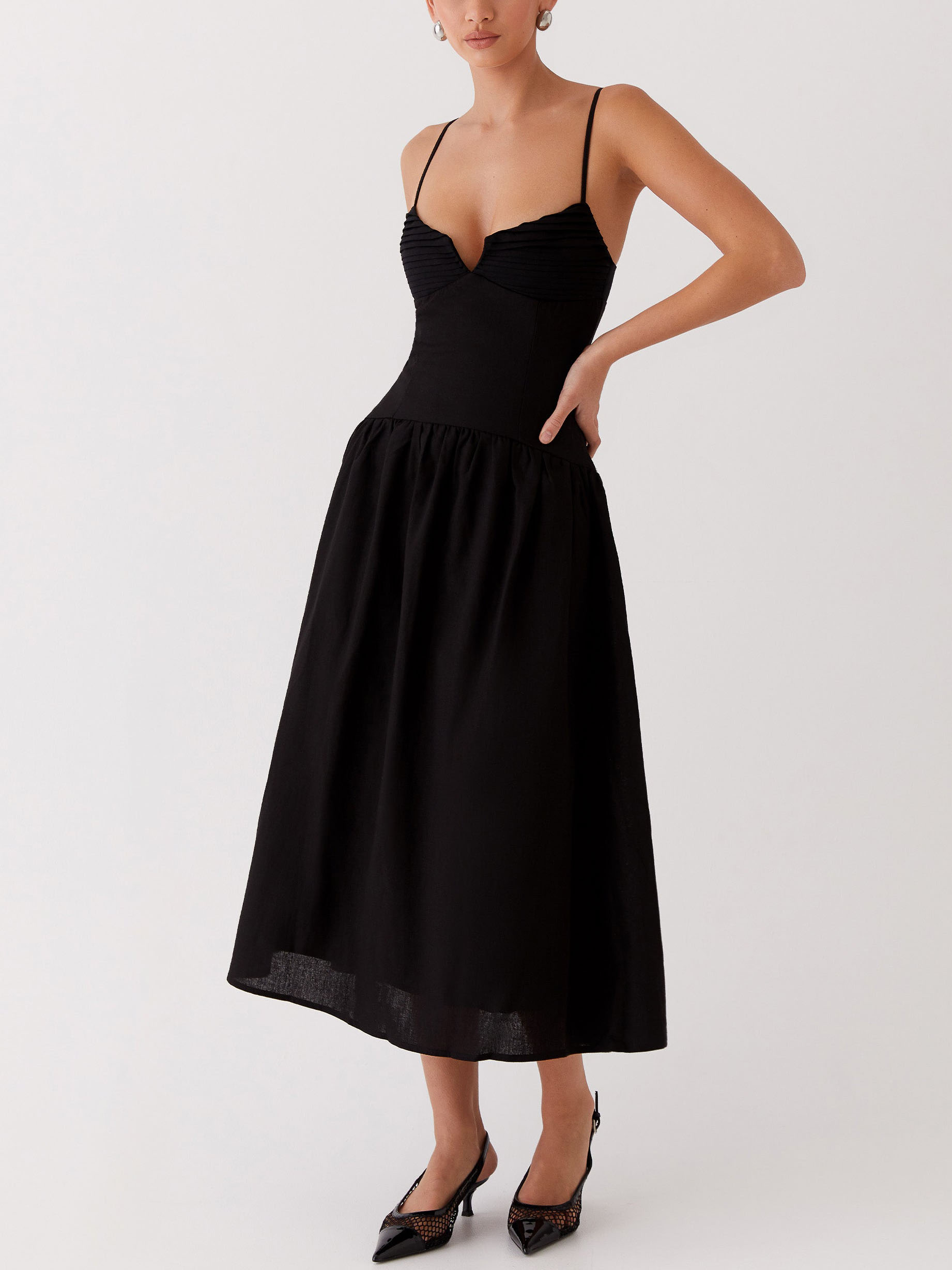 Elegant Vintage V-Neck Suspender Midi Dress