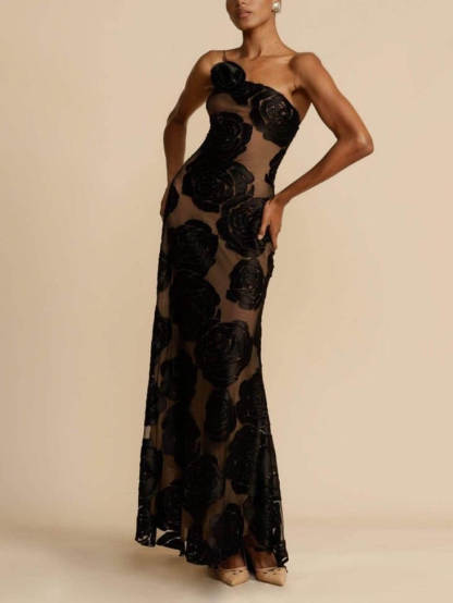 Rose Flower Three-Dimensional Burnt Flower Maxi Dress