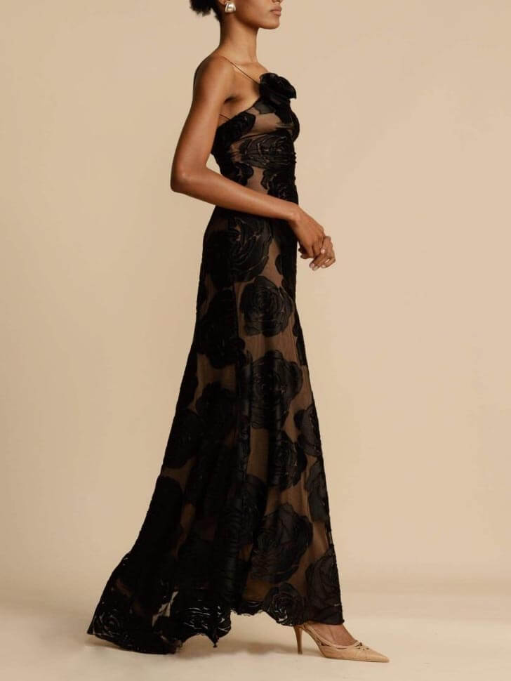 Rose Flower Three-Dimensional Burnt Flower Maxi Dress