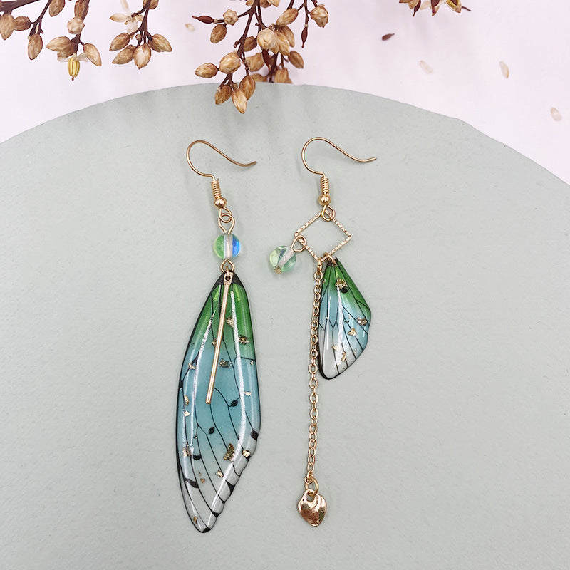 Butterfly Wing Green Gold Foil Cicada Wing Tassel Earrings