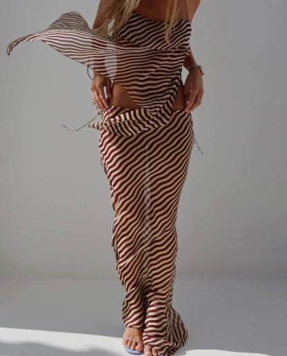 Striped Sexy Slim Fit Halter Top And Skirt Two-Piece Set