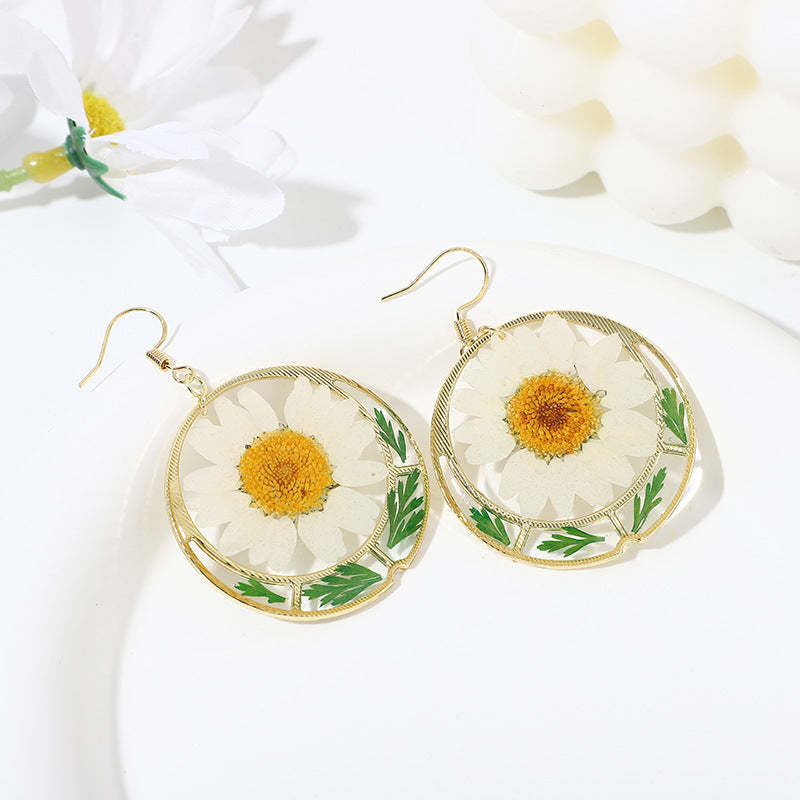 Epoxy Round White Crystal Chrysanthemum Earrings