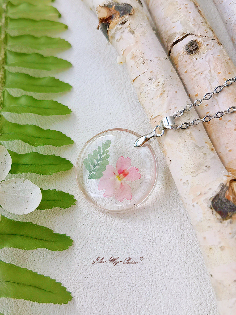 Natural Fern Mallow Resin Pressed Flower Botanical Pendant Necklace