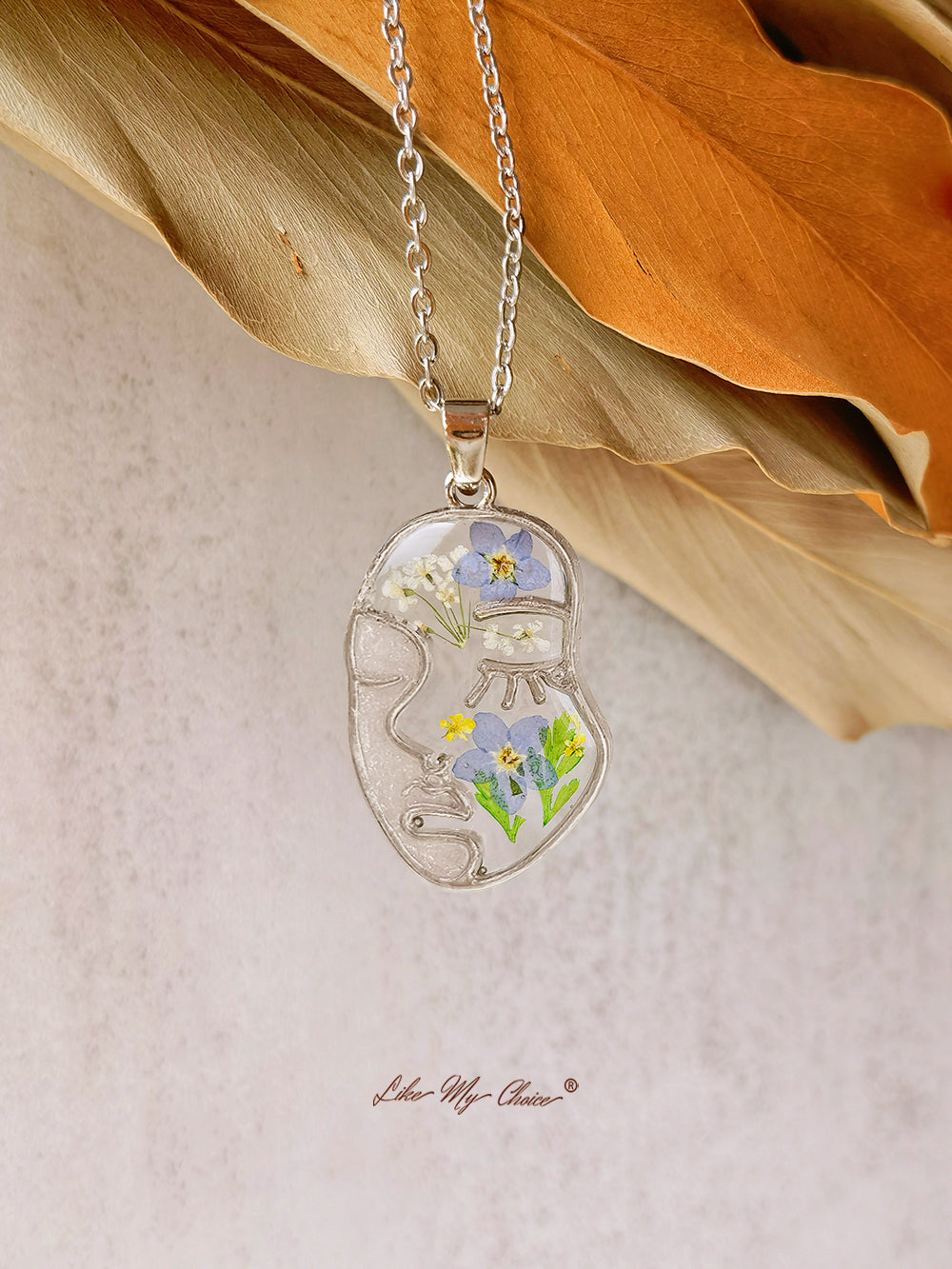 Forget Me Not Resin Pressed Flower Abstract Face Necklace-Likemychoice
