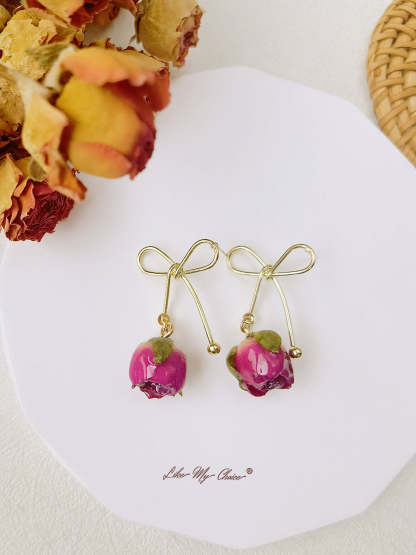 Rose Bow Dried Flowers Earrings