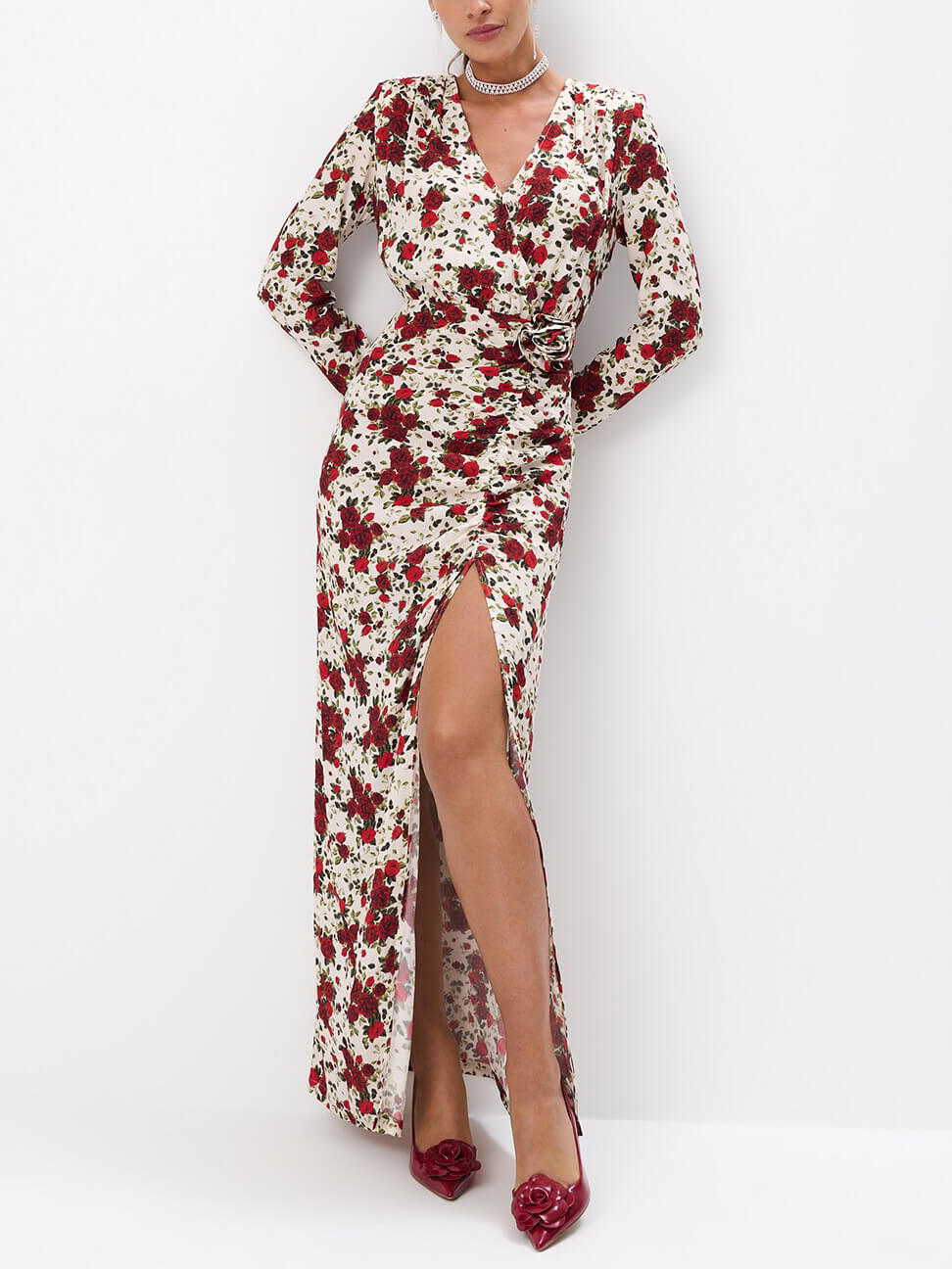 Elegant Vintage Rose Red Print Slit Midi Dress