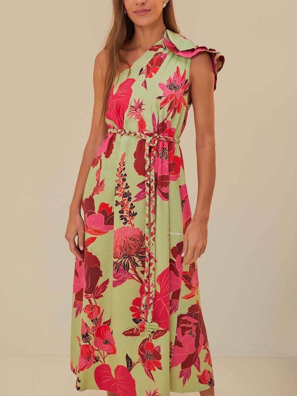 Elegant and Fresh Garden Floral One Shoulder Print Maxi Dress