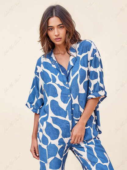 Striped Pattern Blue And White Printed Loose Shirt