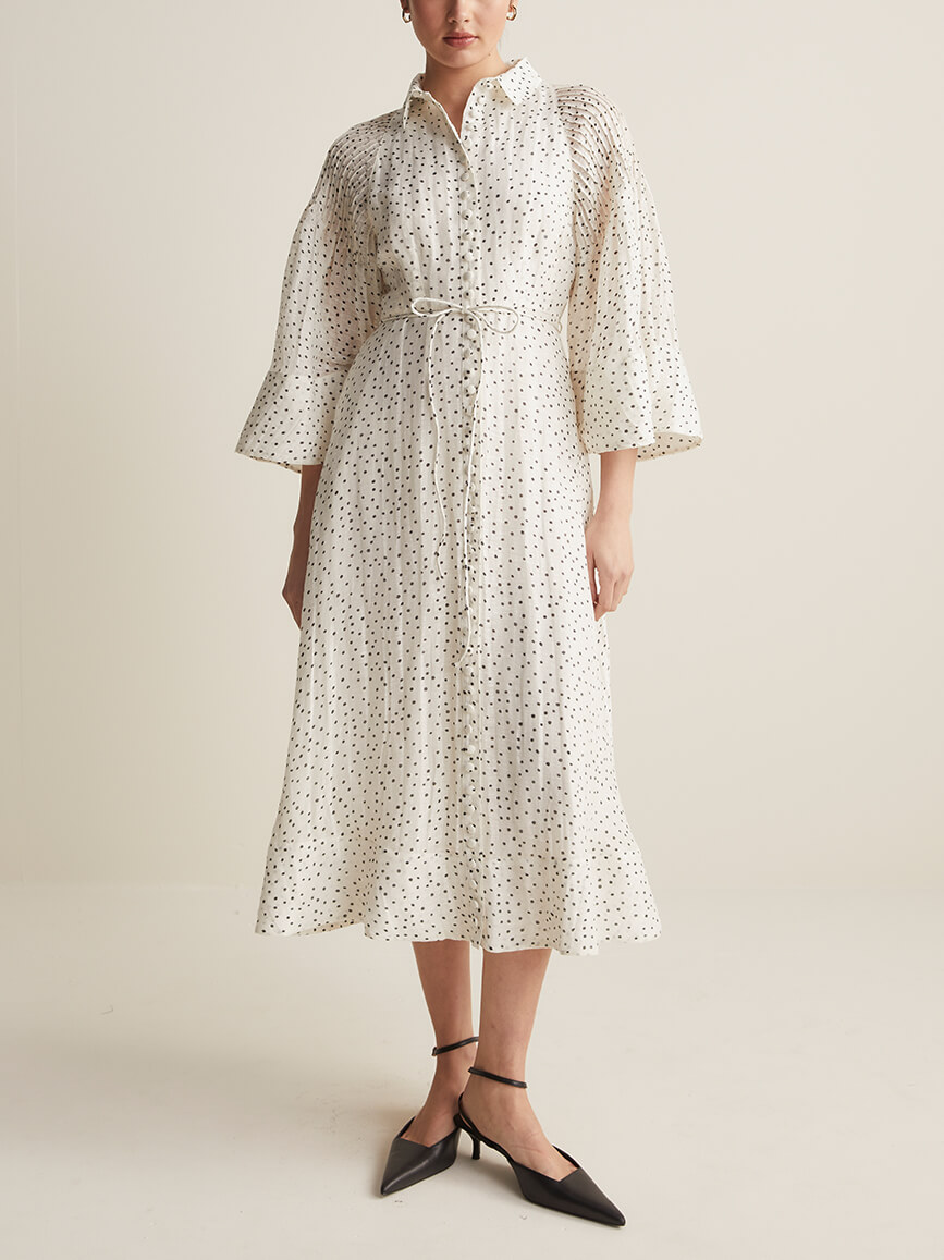 Elegant Puff Sleeve Polka Dot Print Midi Shirt Dress