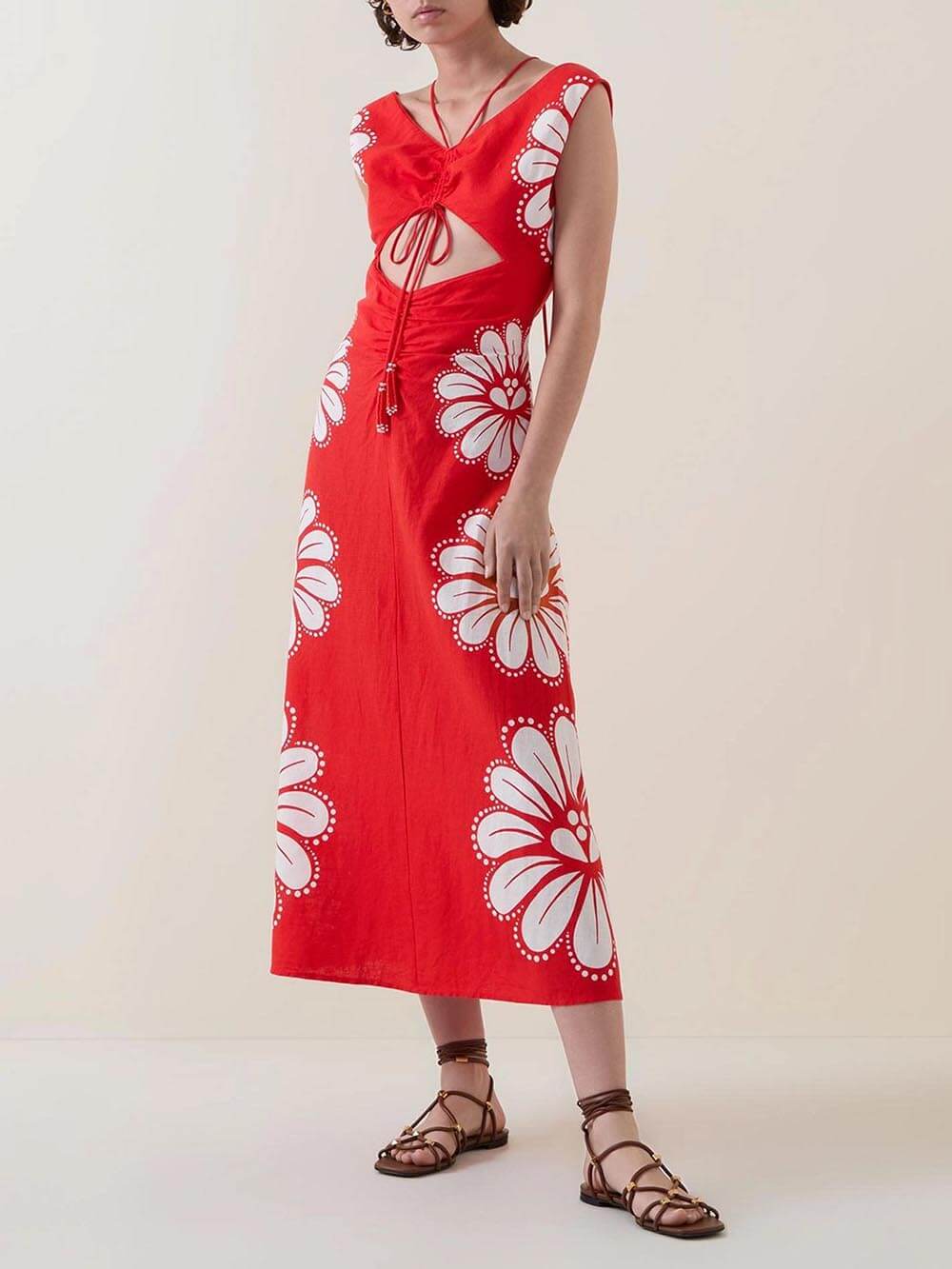 Modern Fresh Garden Floral Print Hollow Drawstring Midi Dress