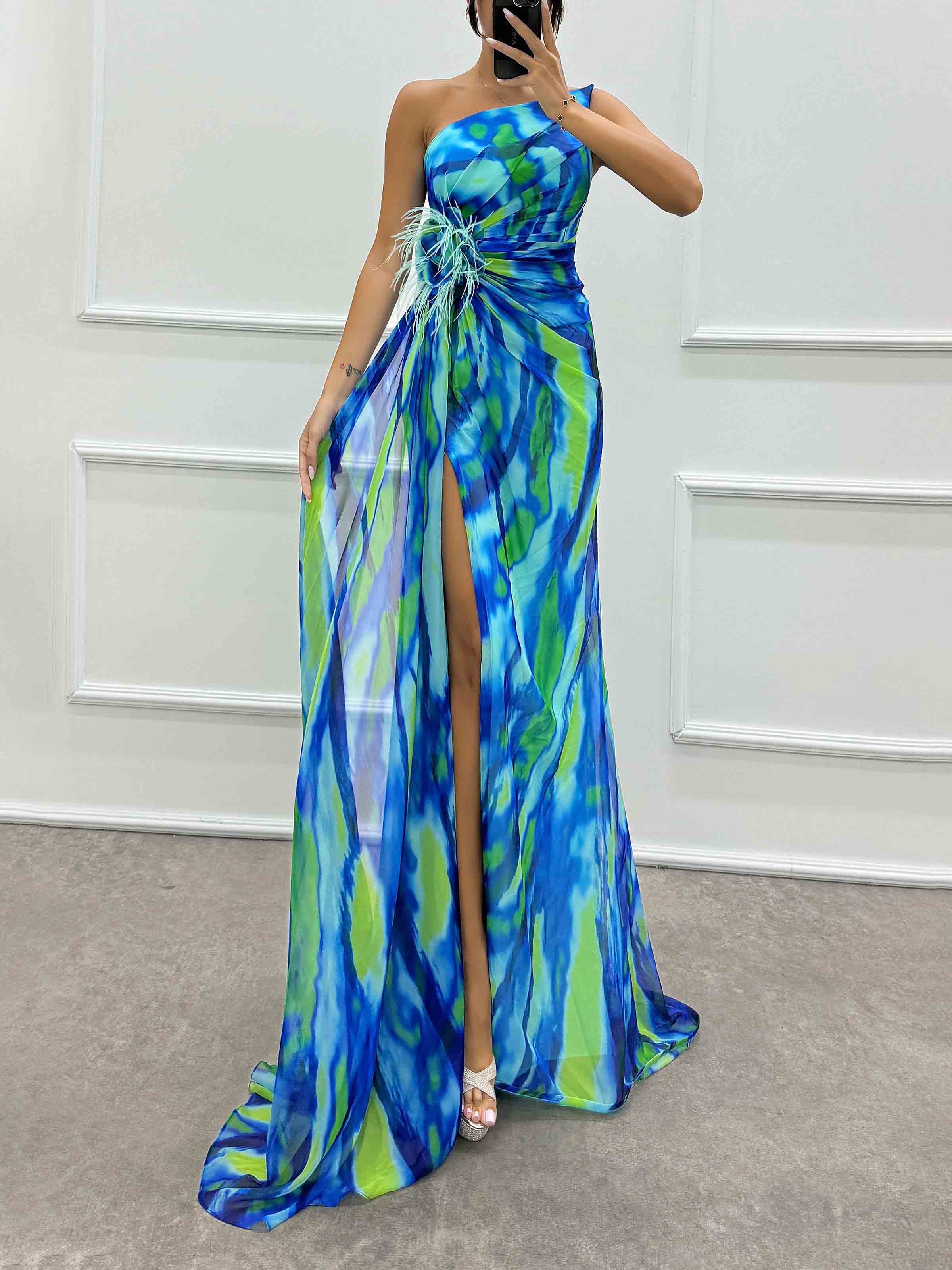 Elegant Painted Floral Print Feather Rose Maxi Dress