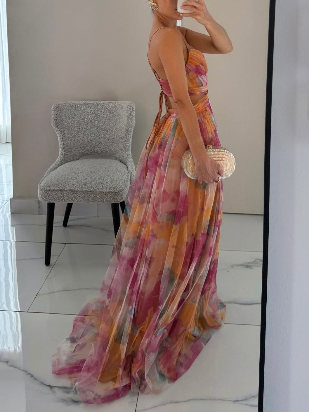 Elegant Painted Floral Print V-Neck A-Line Maxi Dress