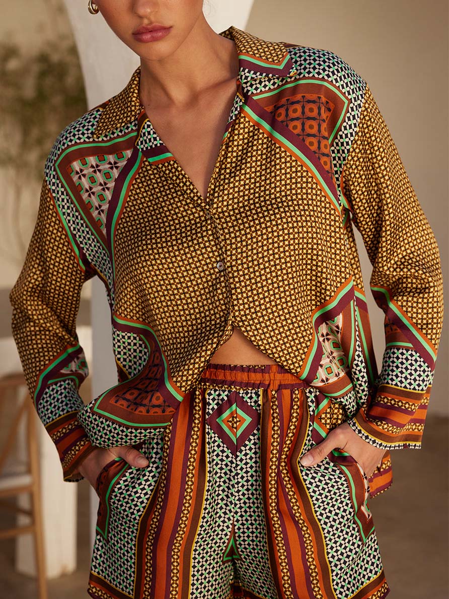 Unique Vintage Satin Geometric Print Loose Shirt