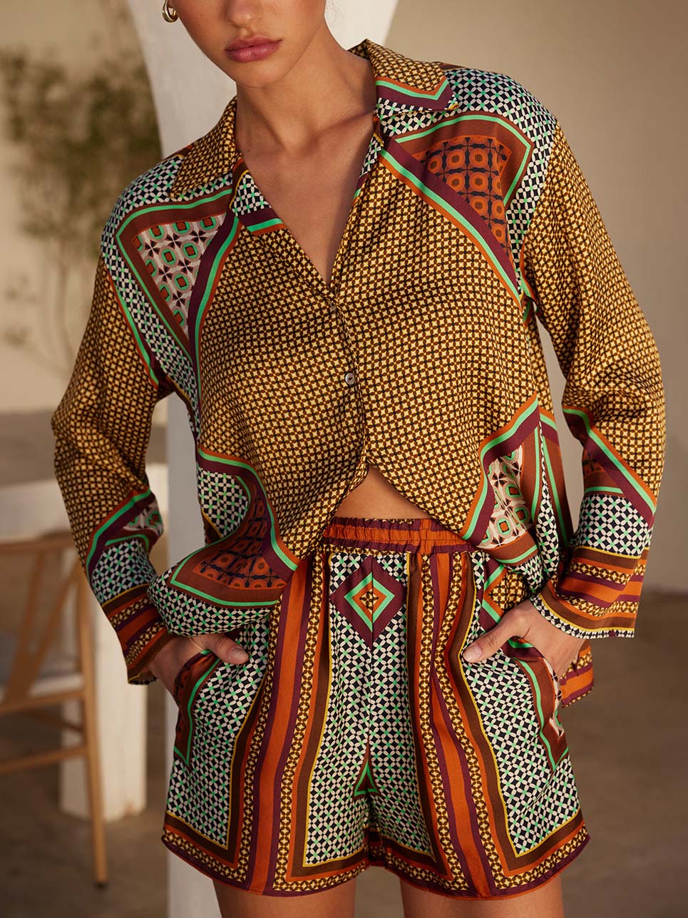 Unique Vintage Satin Geometric Print Loose Shirt